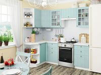 Небольшая угловая кухня в голубом и белом цвете Туркестан